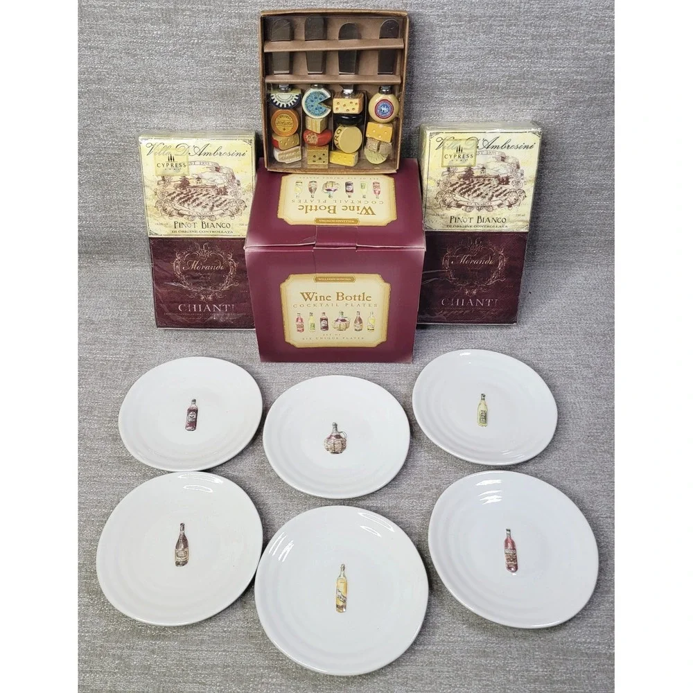 Williams Sonoma Wine Bottle Cocktail Plates Vintage w/ Napkins & Knife Set NEW